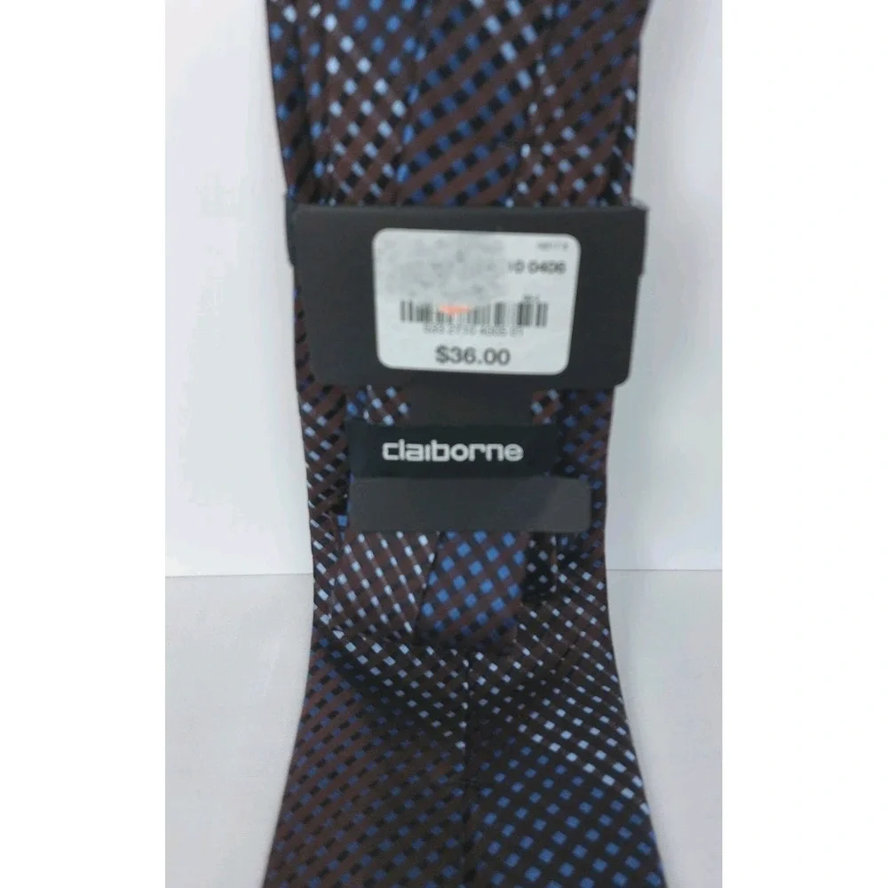 New CLAIBORNE Mens 100% Silk Necktie Blue Brown Geometric Modern 3